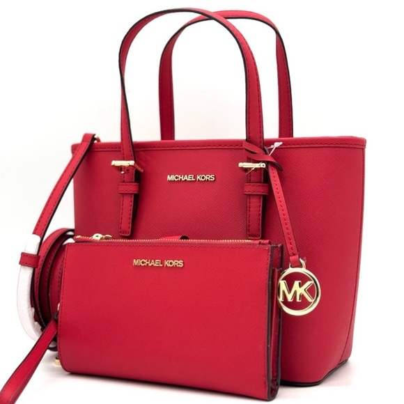 Michael Kors Jet Set Travel Extra-Small Top Zip Tote Bag & Double Zip Wallet Red - Picture 1 of 11
